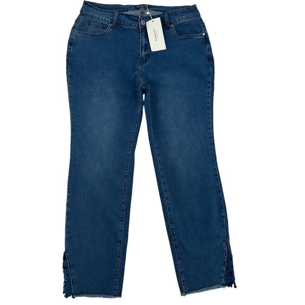 BloomChic Women 14 Blue Straight Leg Jeans Split Lace Hem Raw Edge NWT Casual